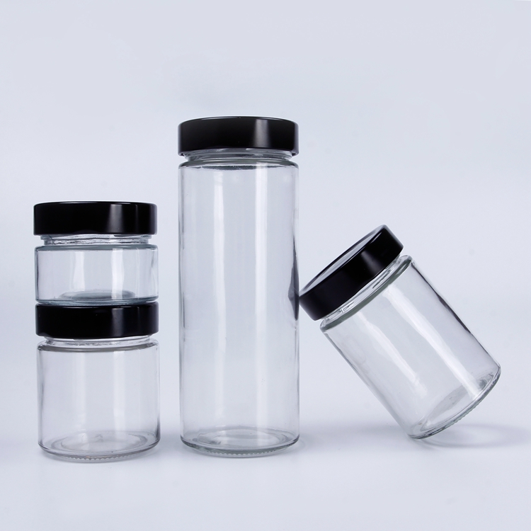 110ml 180ml 300ml 450ml 650ml Straight Sided Glass Jar With Black/Golden lid Empty Honey Candy Food Glass Jars