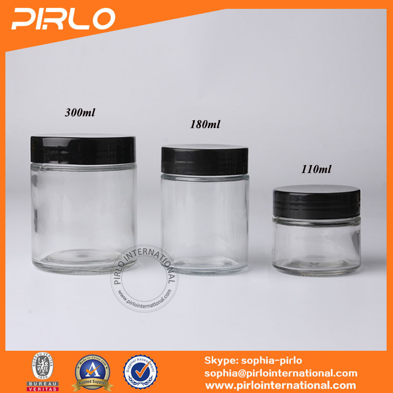 110ml 180ml 300ml 450ml 650ml straight sided glass jar with black plastic seal thread cap lid empty honey candy food glass jars