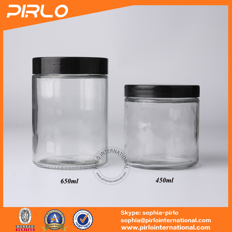 110ml 180ml 300ml 450ml 650ml straight sided glass jar with black plastic seal thread cap lid empty honey candy food glass jars
