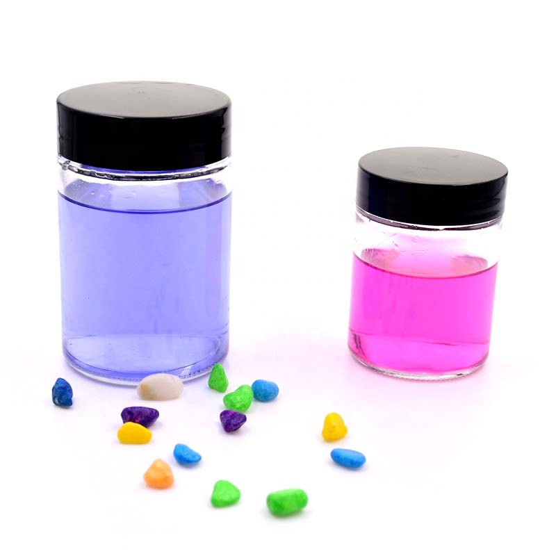 110ml 230ml Wholesale customized high quality small round straight sided clear glass jars canister with black plastic screw lid