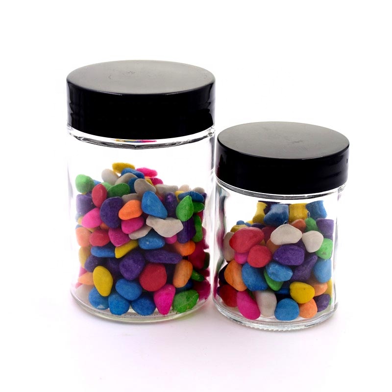 110ml 230ml Wholesale customized high quality small round straight sided clear glass jars canister with black plastic screw lid