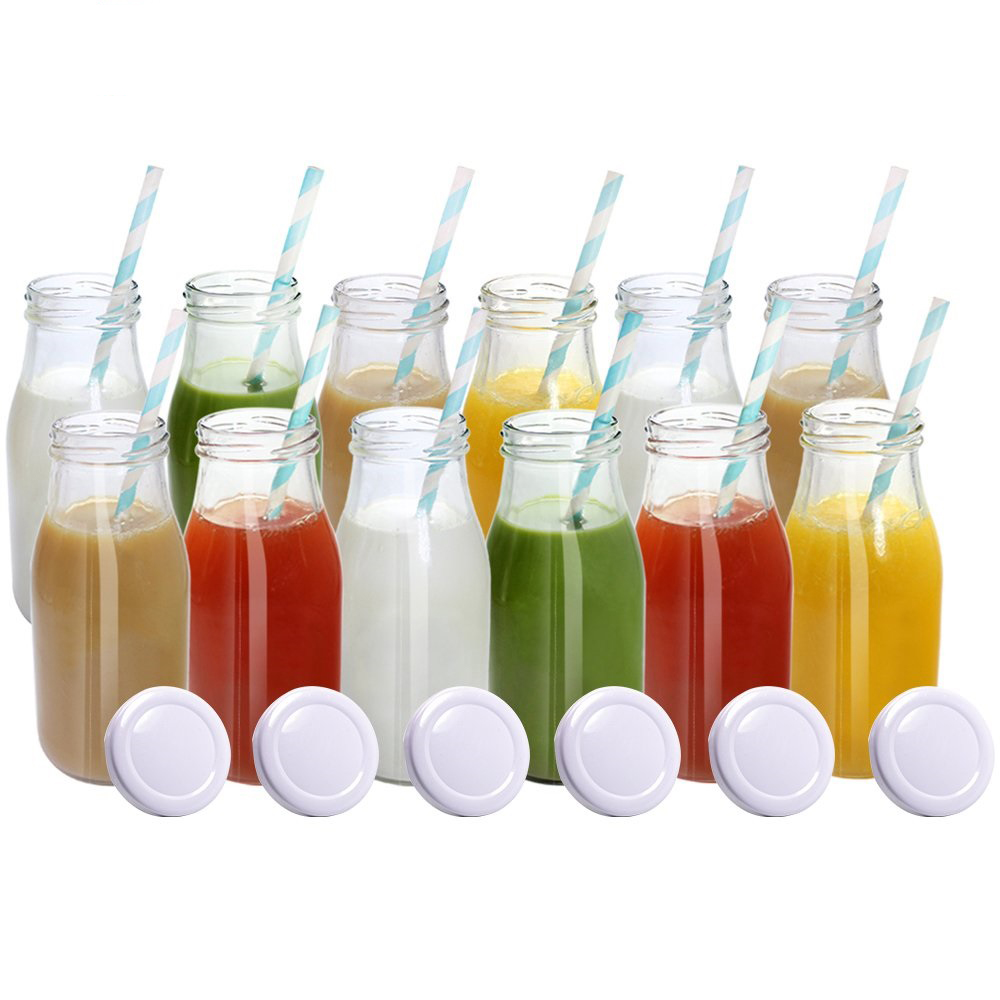 11oz Glass Milk Bottles with Reusable Metal Twist Lids and Straws for Beverage Glassware and Drinkware Parties