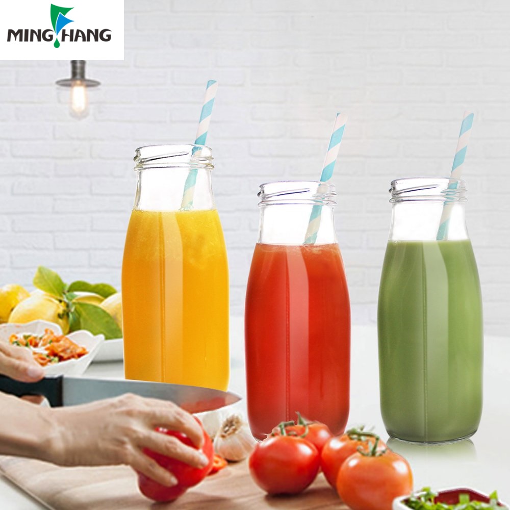 11oz Glass Milk Bottles with Reusable Metal Twist Lids and Straws for Beverage Glassware and Drinkware Parties