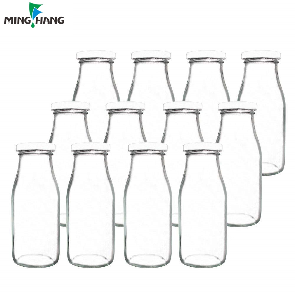 11oz Glass Milk Bottles with Reusable Metal Twist Lids and Straws for Beverage Glassware and Drinkware Parties