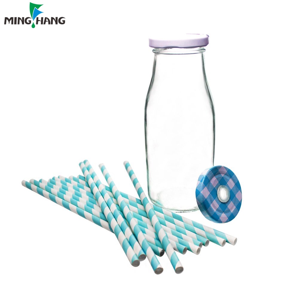 11oz Glass Milk Bottles with Reusable Metal Twist Lids and Straws for Beverage Glassware and Drinkware Parties