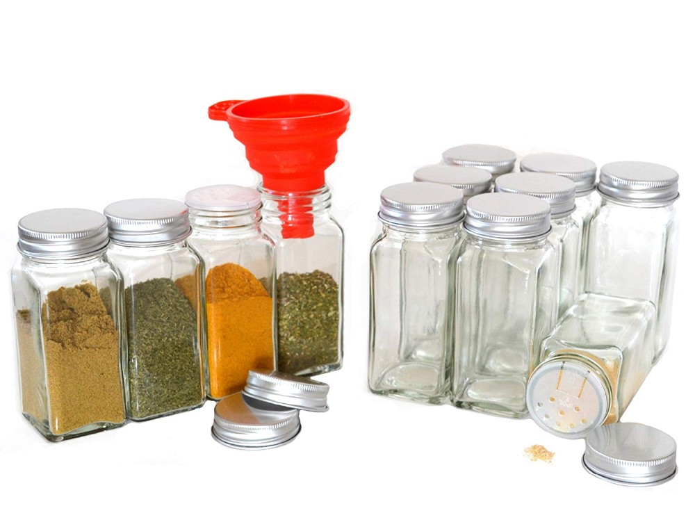 12 or 20pack 4oz Square Glass Spice Jar Shaker Fitment and Metal Lid