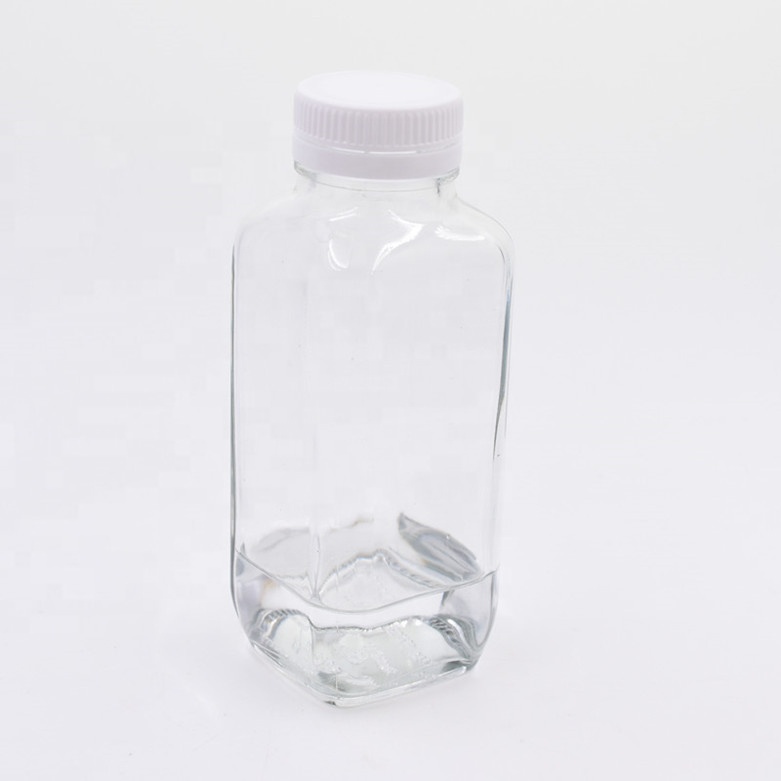 12 oz 350ml clear empty French square beverage glass bottle cold pressed juice drink bottles milk tea with child proof PP cap