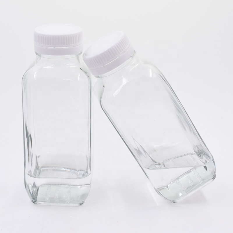 12 oz 350ml clear empty French square beverage glass bottle cold pressed juice drink bottles milk tea with child proof PP cap