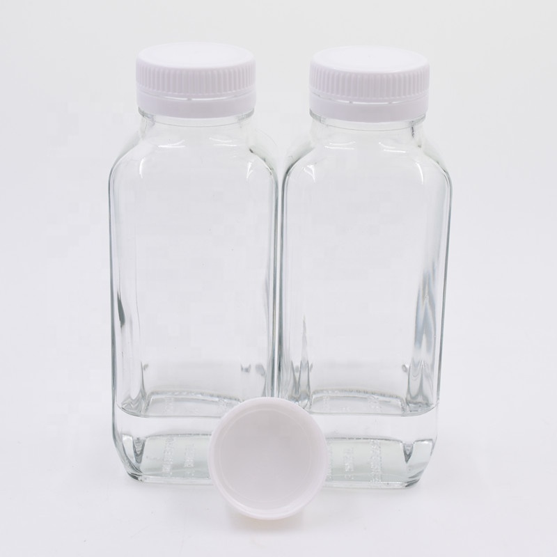 12 oz 350ml clear empty French square beverage glass bottle cold pressed juice drink bottles milk tea with child proof PP cap