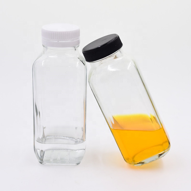 12 oz 350ml clear empty French square beverage glass bottle cold pressed juice drink bottles milk tea with child proof PP cap