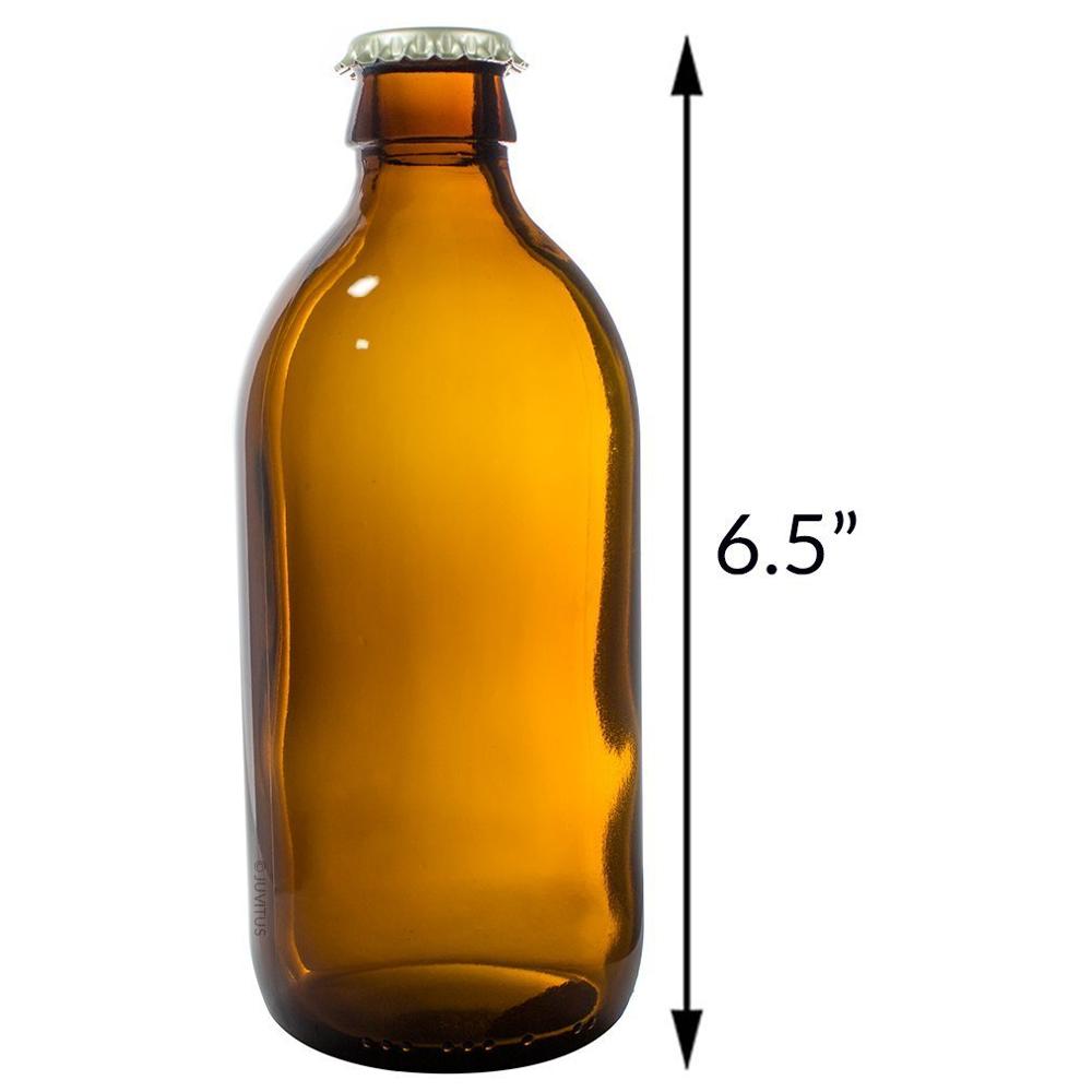 12 oz Home Brewing Dark Amber Glass Empty Refillable Beer Bottles with Gold Crown Caps Tops (12 PACK) + Measuring Cup