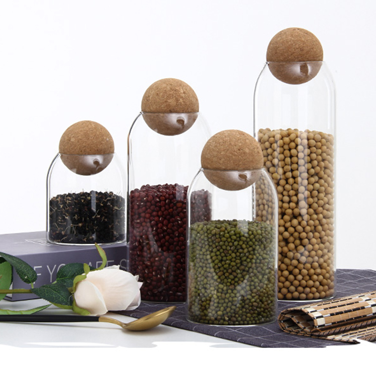 1200Ml Borosilicate Glass Food Storage Jar With Wood Ball Lid For Spices,Sugar,Tea