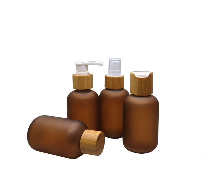120ml 150ml 250ml 500ml matte amber PET lotion bottles / plastic bottle with bamboo cap