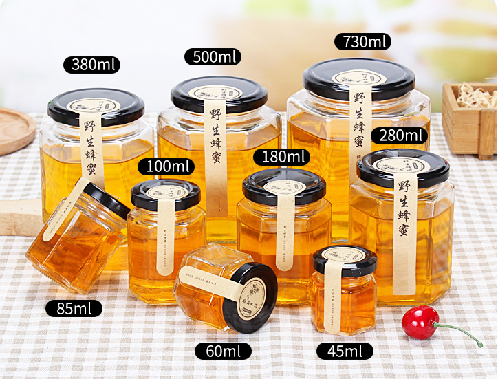 120ml / 180ml / 280ml / 380ml Glass Hexagonal Honey Jars in Bulk Jam Jar