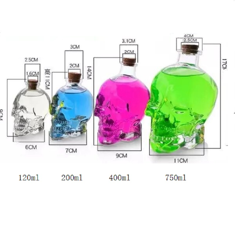 120ml 200ml 400ml 750ml creative skull drinking glass bottle for liquor empty glass wine bottle with cork  for vodka and whisky
