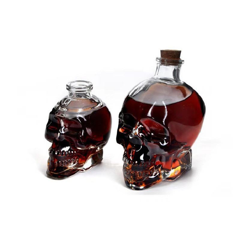 120ml 200ml 400ml 750ml creative skull drinking glass bottle for liquor empty glass wine bottle with cork for vodka and whisky