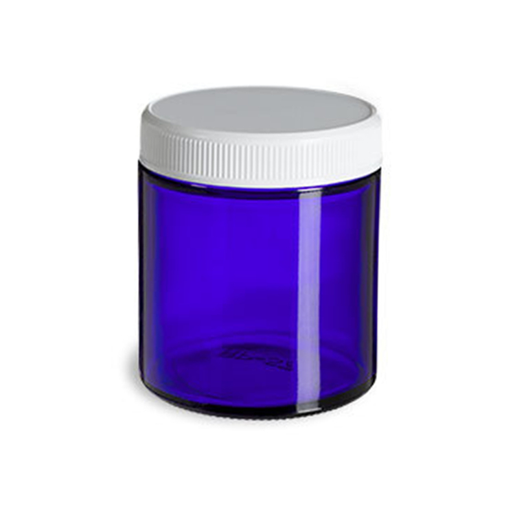 120ml 4 oz wide mouth blue glass straight sided cosmetic jar packaging with black lid