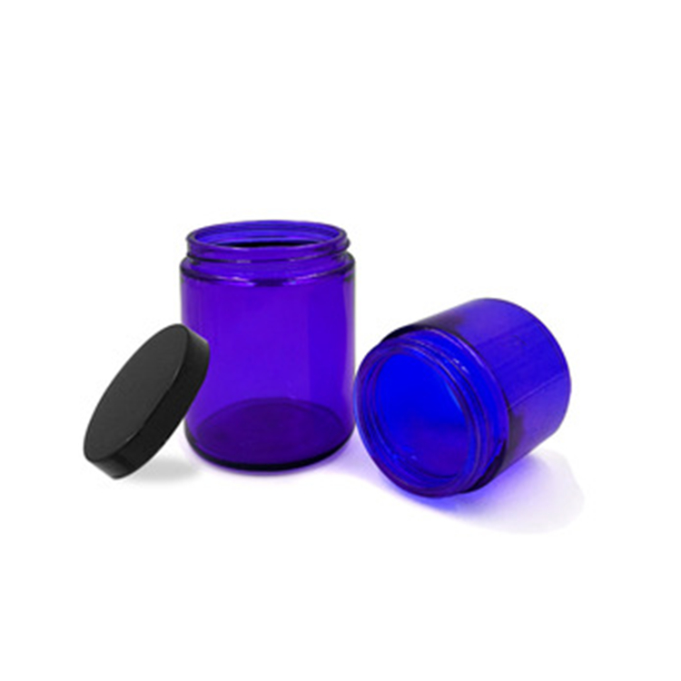 120ml 4 oz wide mouth blue glass straight sided cosmetic jar packaging with black lid