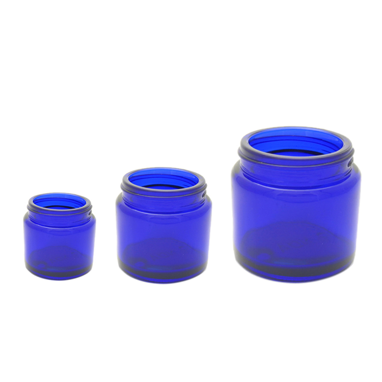 120ml 4 oz wide mouth blue glass straight sided cosmetic jar packaging with black lid