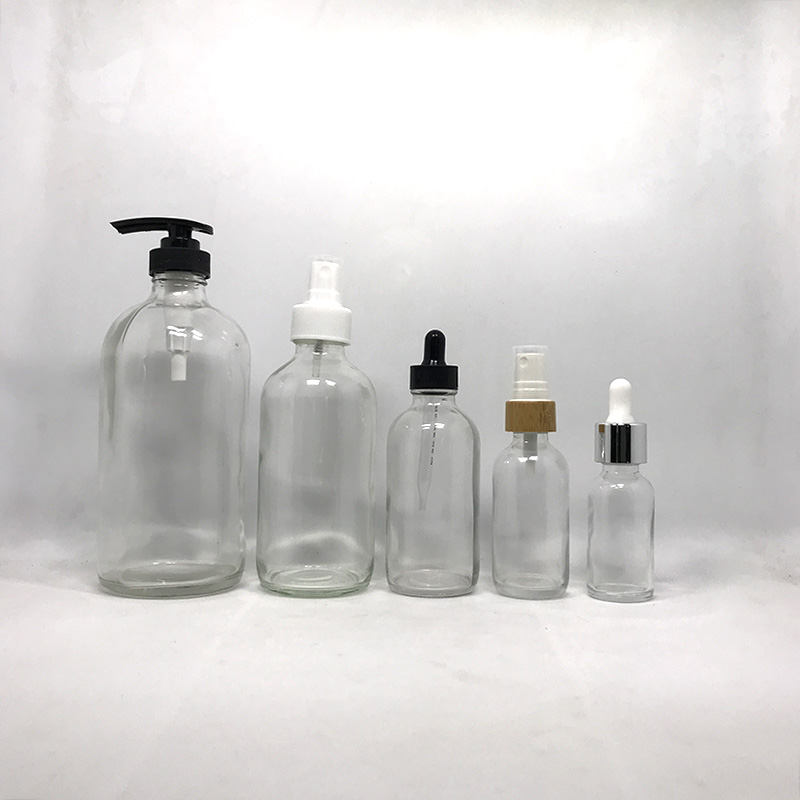 120ml 4oz Frosted clear amber blue boston round glass bottle with pump