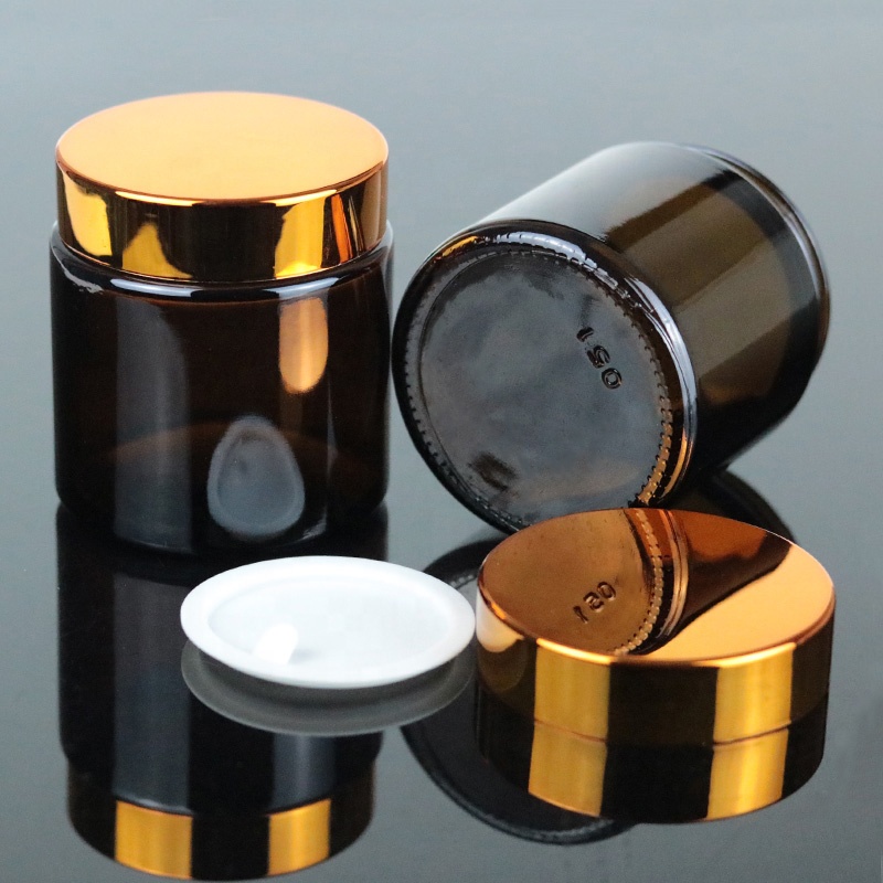 120ml 4oz Wholesale Cosmetic Amber Wide Month Straight Glass Jar with Gold Cap (GJM37)