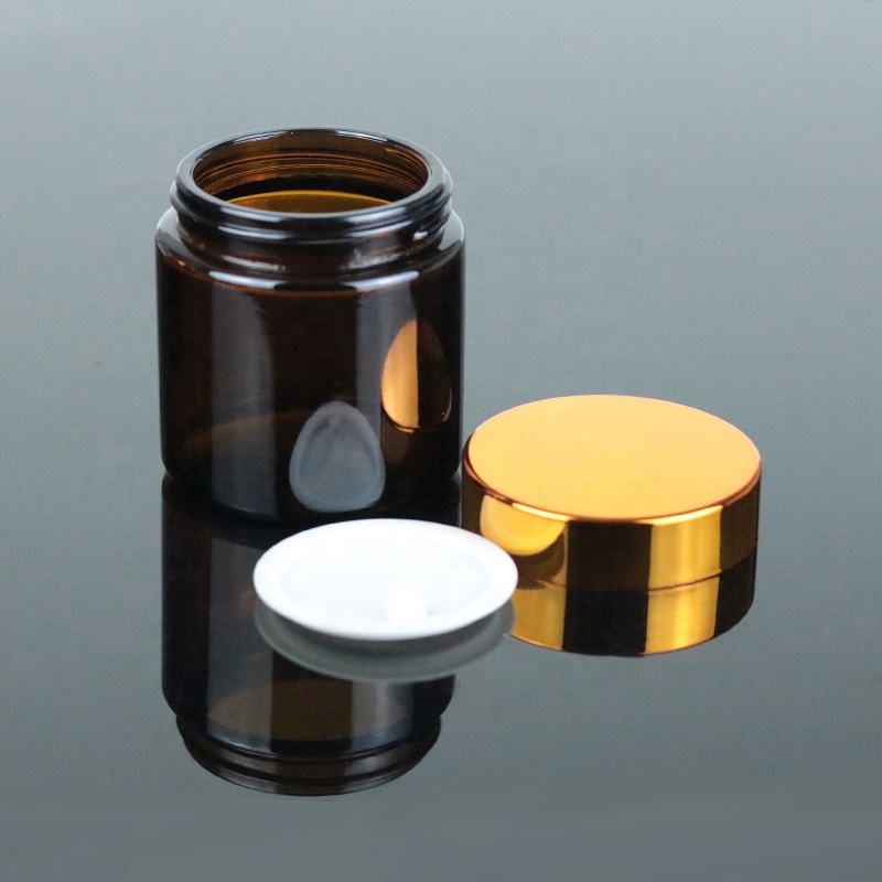 120ml 4oz Wholesale Cosmetic Amber Wide Month Straight Glass Jar with Gold Cap (GJM37)
