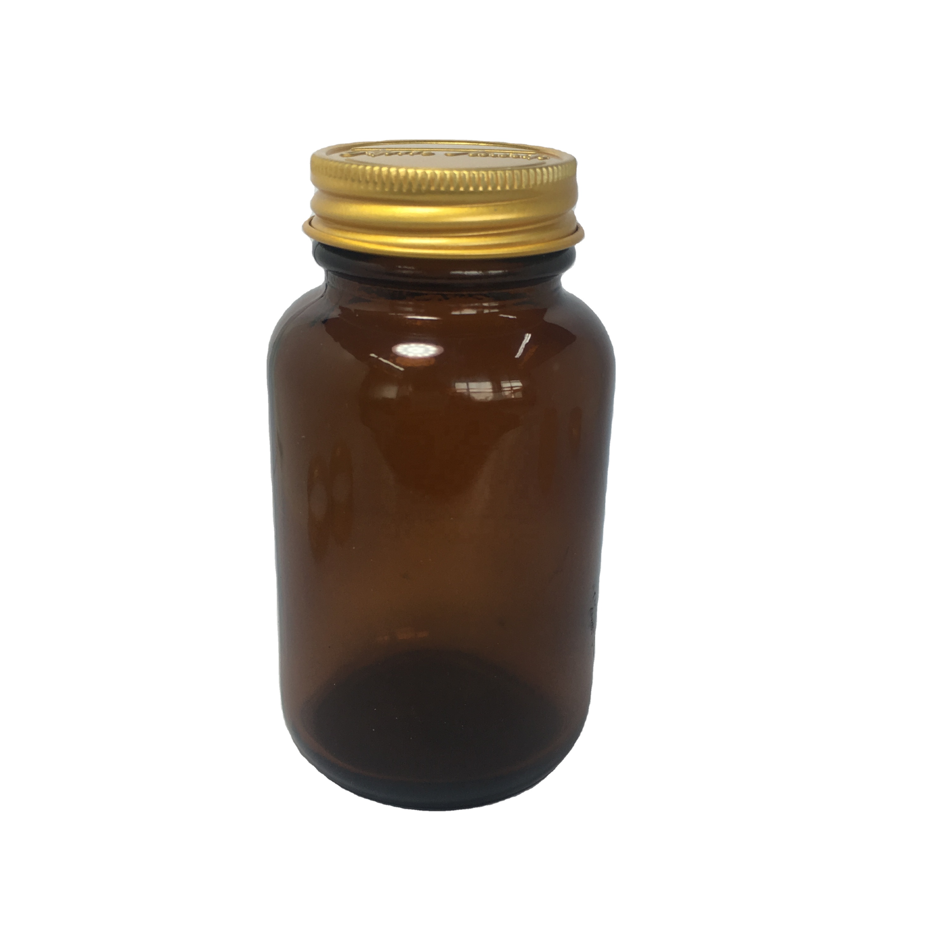 120ml Amber Glass bottle/glass jar and custom made gold metal cap for medicine tablet pill capsule health food