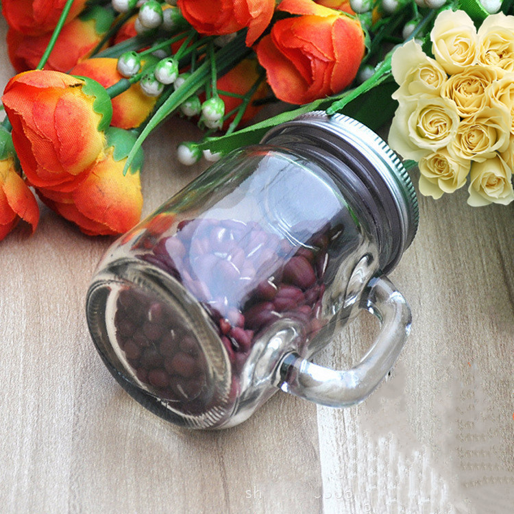 120ml clear glass drinking jar spice mason jar with handle and metal lid
