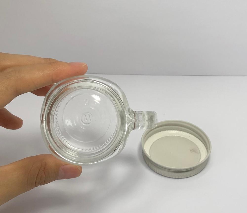 120ml clear glass jar with handle and silver metal screw cap and colorful labels