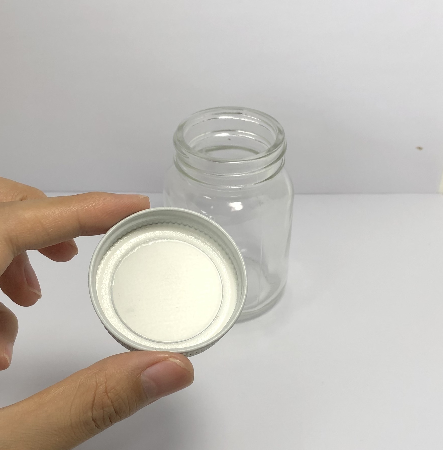 120ml clear glass jar with handle and silver metal screw cap and colorful labels