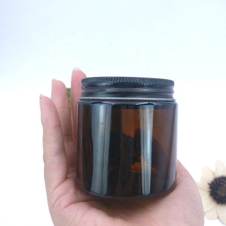 120ml empty amber glass straight sided jar with airtight aluminium screw lids for herb weed cbd flower cosmetic facial cream vc