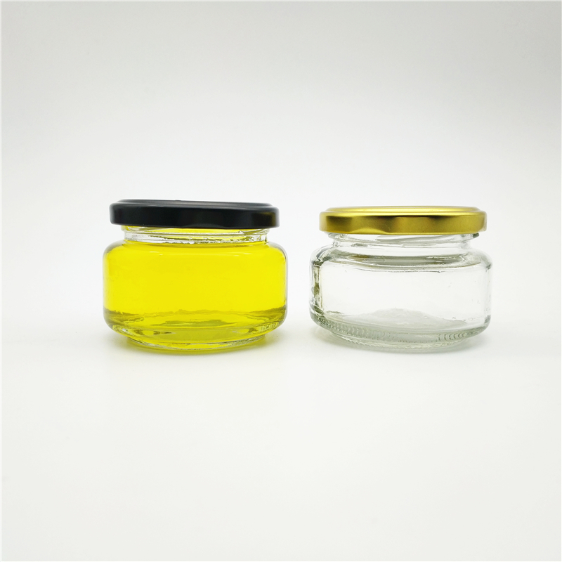 125ml clear flat glass caviar jam packaging jars empty footed glass food container with gold lid salad dressing glass jar