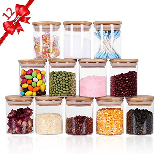 12Pcs Set Small Transparent Airtight Storage Glass Jars Canisters With Bamboo Lids