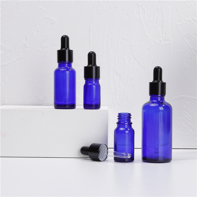 12ml 60ml 250ml Blue Glass Bottle With Plastic black dropper for essential oil
