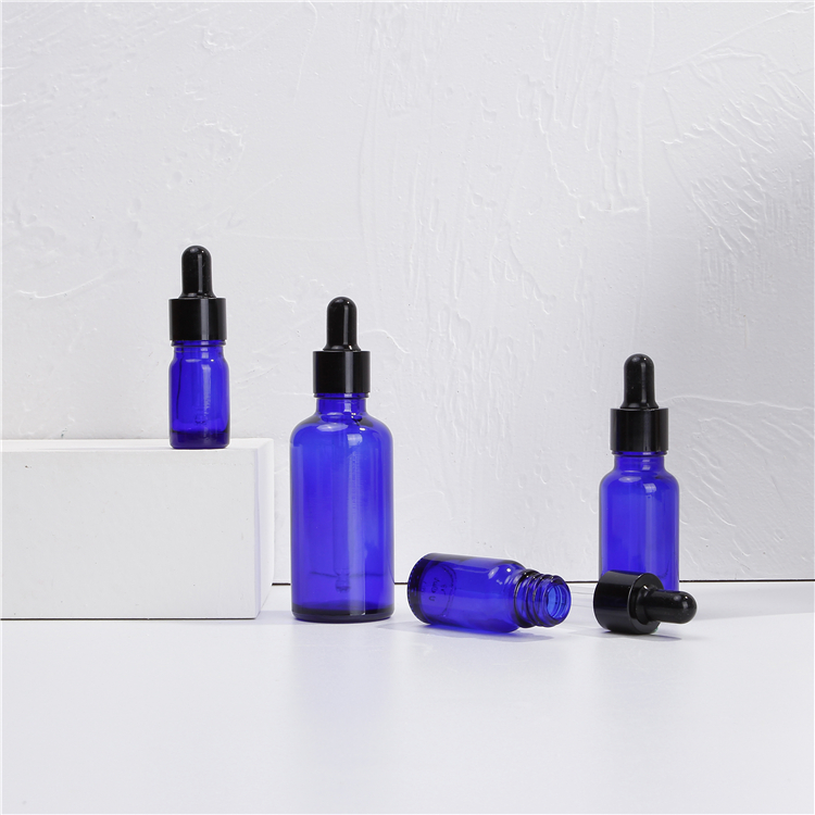 12ml 60ml 250ml Blue Glass Bottle With Plastic black dropper for essential oil
