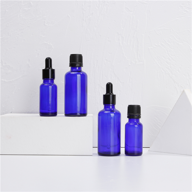 12ml 60ml 250ml Blue Glass Bottle With Plastic black dropper for essential oil