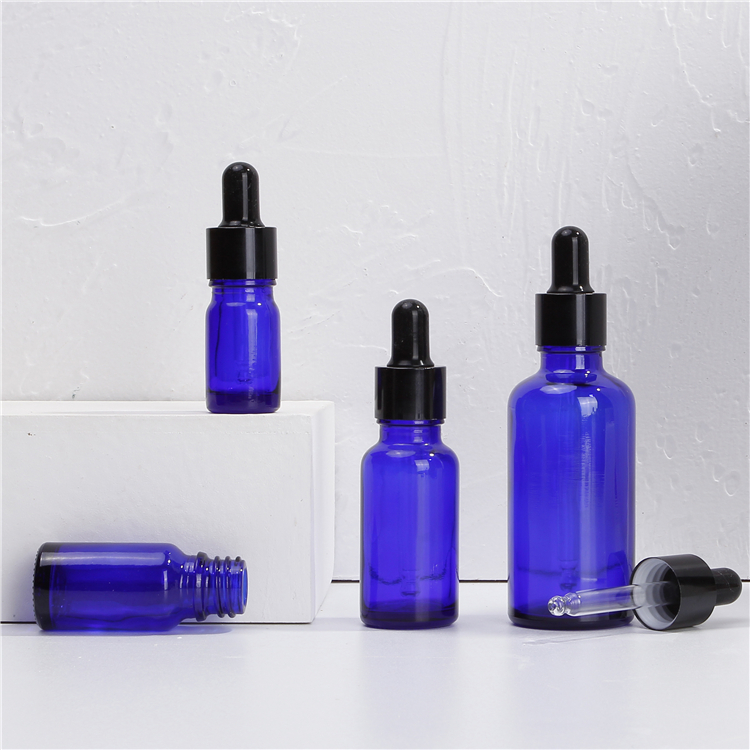 12ml 60ml 250ml Blue Glass Bottle With Plastic black dropper for essential oil