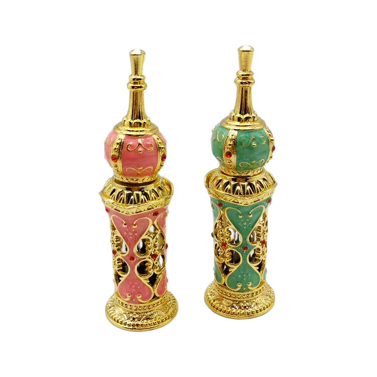 12ml Unique dubai Arabic Style Metal Essential Oil Attar Perfume Glass Bottles with Glass Stick