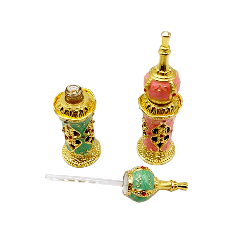 12ml Unique dubai Arabic Style Metal Essential Oil Attar Perfume Glass Bottles with Glass Stick