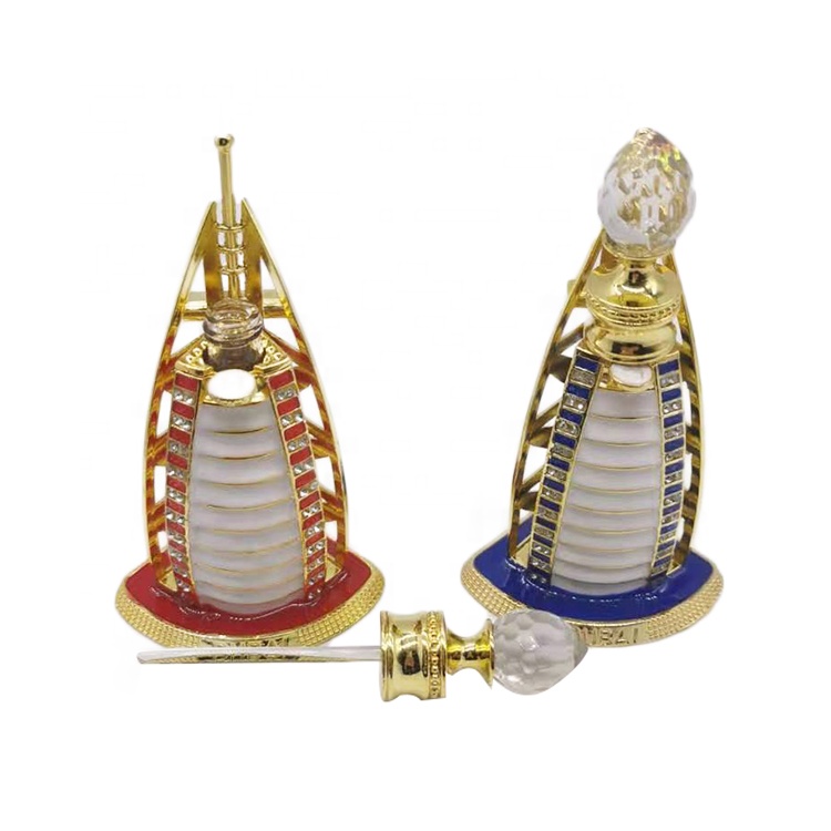 12ml Unique dubai Arabic Style Metal Essential Oil Attar Perfume Glass Bottles with Glass Stick