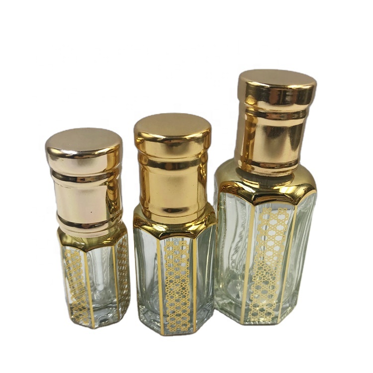 12ml Wholesale Hot Stamping Logo Octagonal Shape Attar Perfume Arabian Oud Oil Glass Bottle With Glass Stick Glass Oil Bottle
