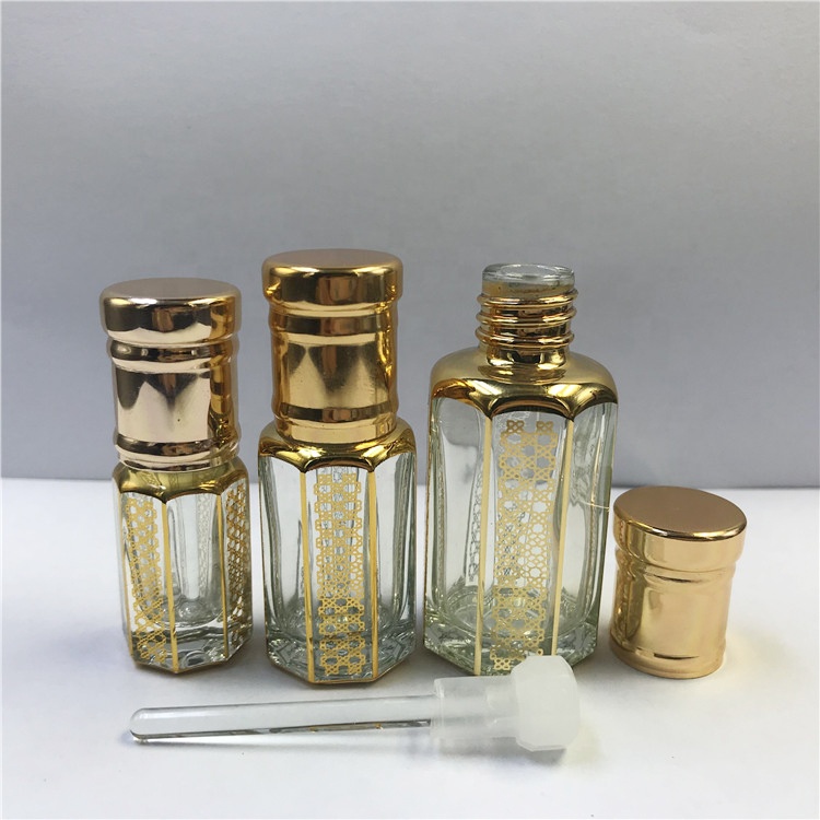 12ml Wholesale Hot Stamping Logo Octagonal Shape Attar Perfume Arabian Oud Oil Glass Bottle With Glass Stick Glass Oil Bottle
