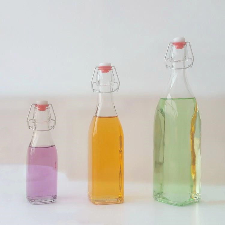 12oz 250ml 500ml 1 liter square glass storage bottle with swing top stopper