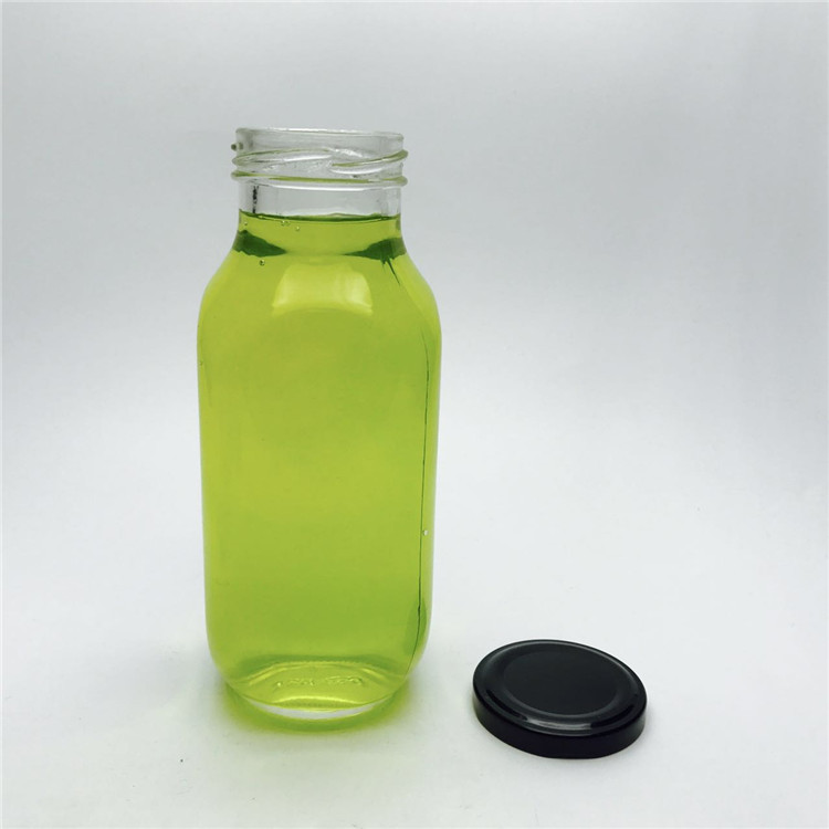 12oz 350ml health juice milk tea beverage Retro french square shape glass bottle with black metal lid