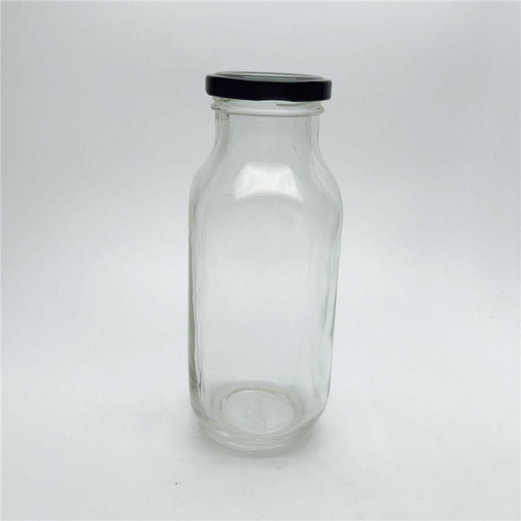 12oz 350ml health juice milk tea beverage Retro french square shape glass bottle with black metal lid