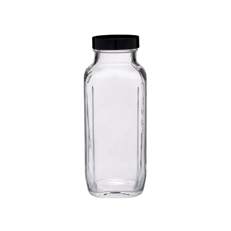 12oz Beverage French Square Bottle with White or Black Plastic cap