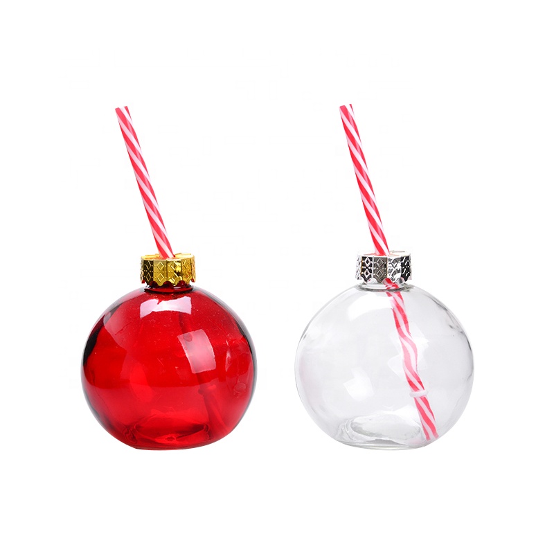 13oz Red Ball Glass Beverage Bottle with Plastic Straw