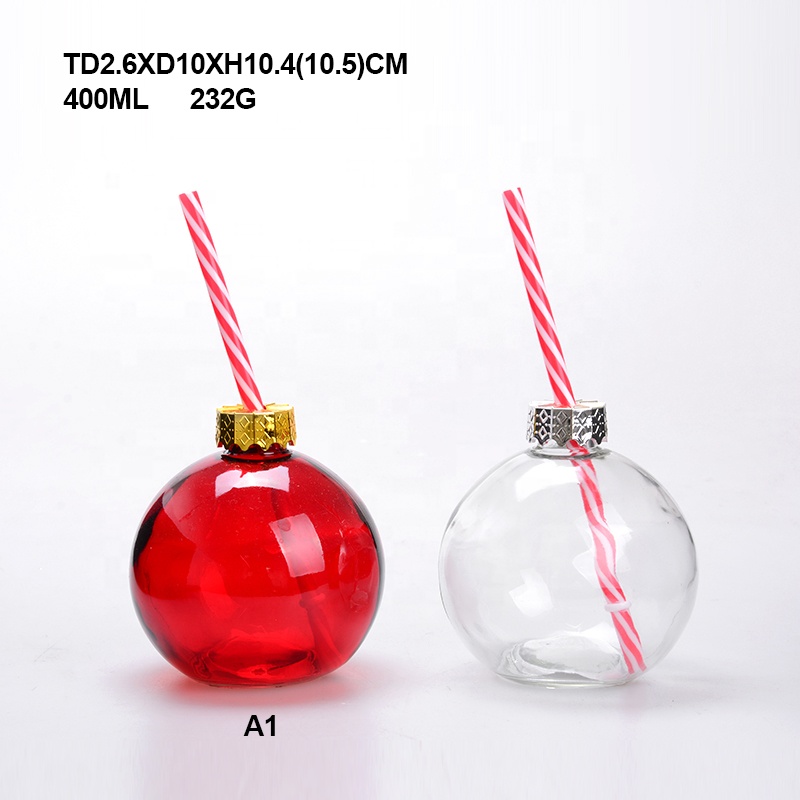13oz Red Ball Glass Beverage Bottle with Plastic Straw