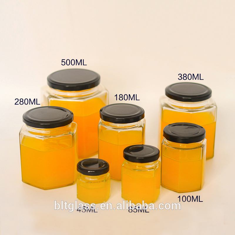 140g-1000g cheap price empty hexagon glass jar with metal lid for honey caviar shrimp sauce