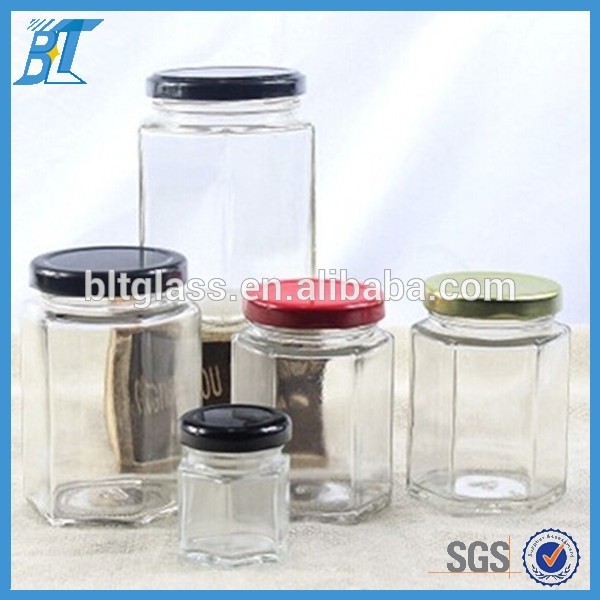 140g-1000g cheap price empty hexagon glass jar with metal lid for honey caviar shrimp sauce